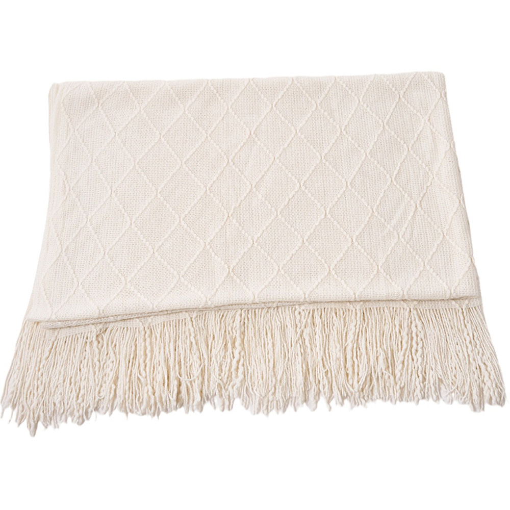 Living and Home Beige Diamond Knit Throw Blanket with Tassels 130 x 170cm Image 1