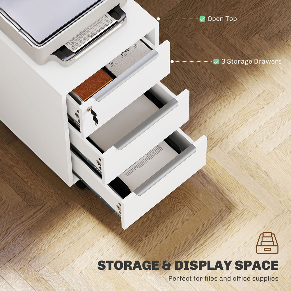 HOMCOM 3 Drawer White Lockable Mobile Filing Cabinet Image 4