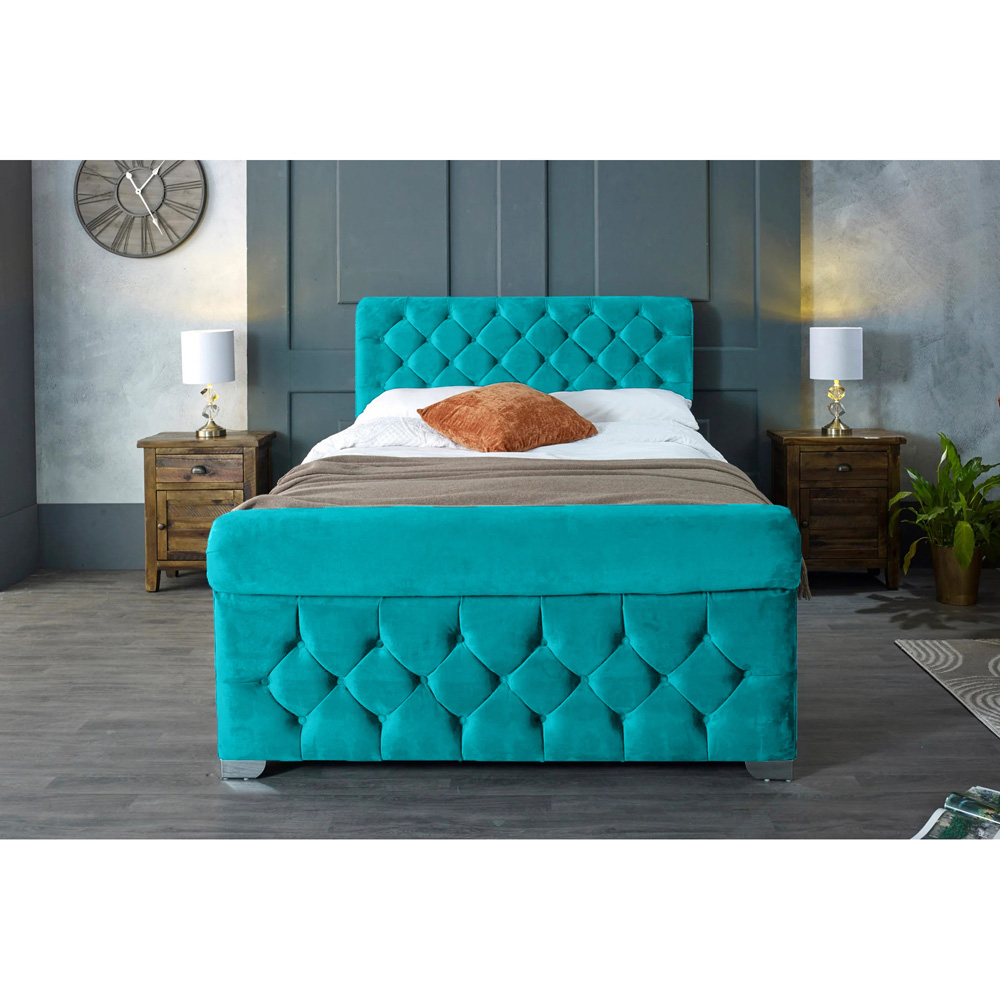 Eleganza Home Veneta Double Teal Plush Velvet Bed Frame with Chesterfield Headboard Image 6