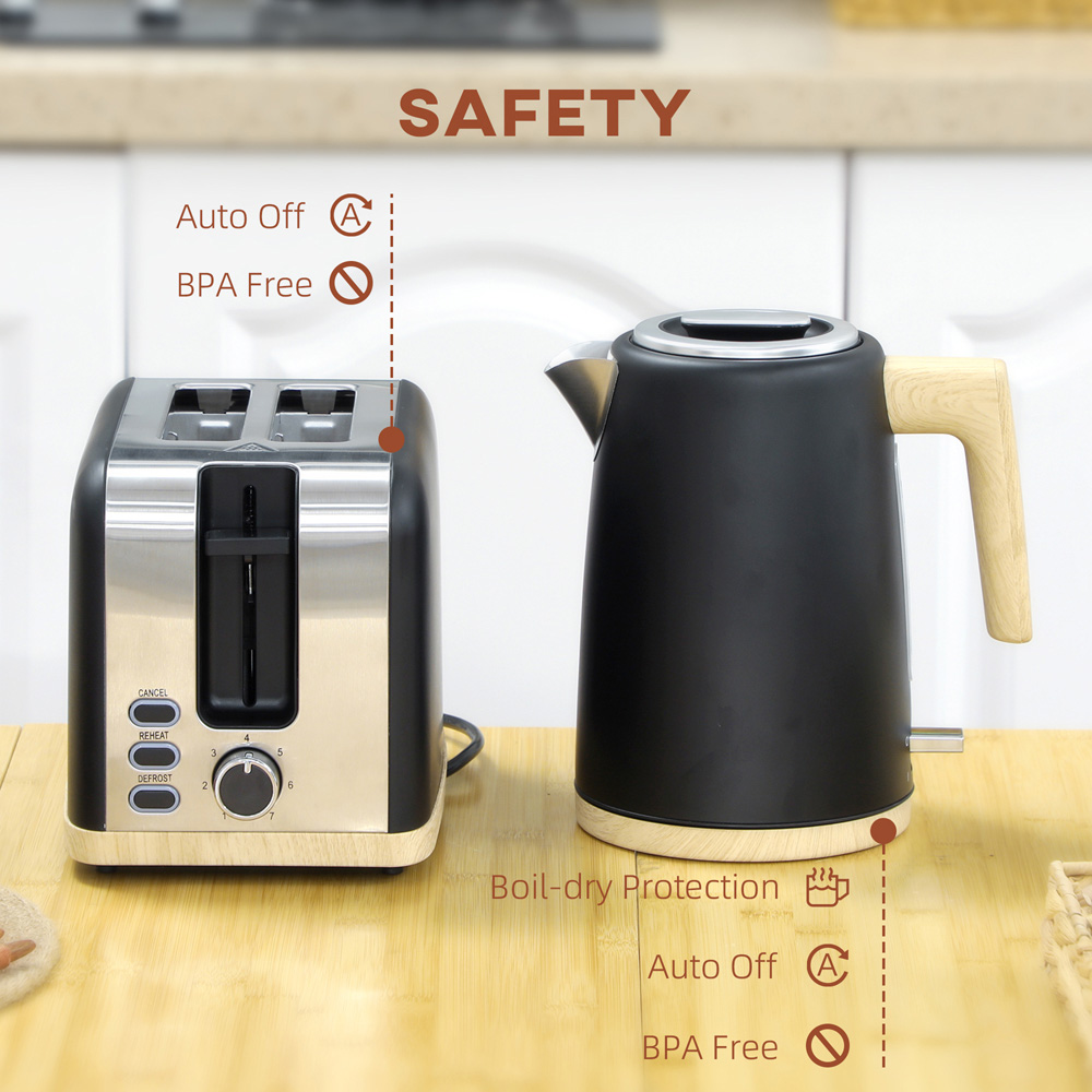 HOMCOM 800-234V70BK Black 1.7L Electric Fast Boil Kettle and 2 Slice Toaster Set Image 7