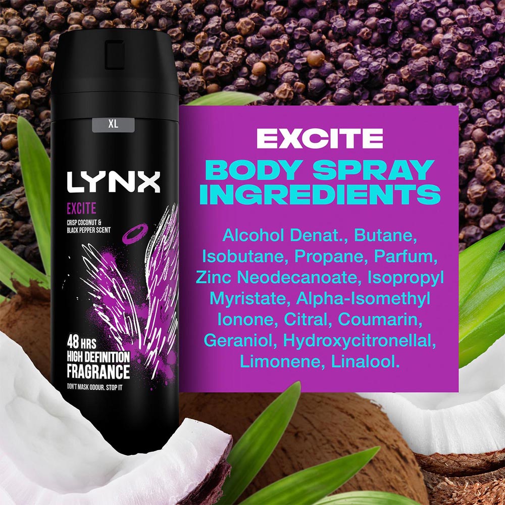 Lynx Excite Crisp Coconut and Black Pepper 48H Protection Deodorant Body Spray 200ml 24 Pack Image 5