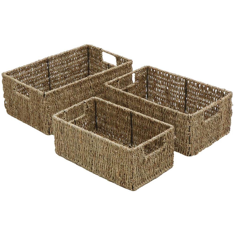 JVL Seagrass Rectangular Storage Baskets with Handles Set of 3 Image 1
