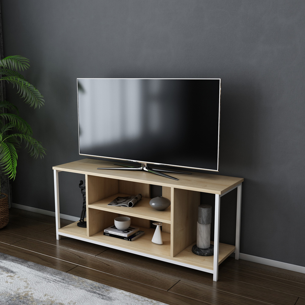 Decorotika Rinaldo 4 Open Shelf White and Oak Wide TV Unit Image 5