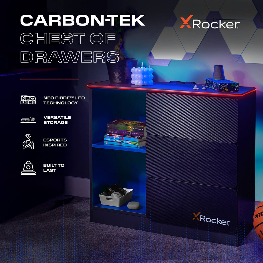 X Rocker Carbon-Tek 3 Drawer 2 Shelf Grey and Blue Chest of Drawers with Neo Fibre LED Light Image 2