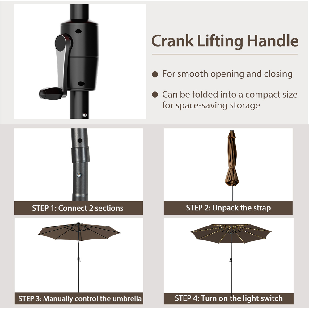 Costway Tan Crank Handle Tilting Parasol with 112 Solar Powered LEDs 3m Image 5