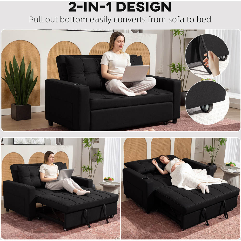 Portland 2 Seater Black Pull Out Sofa Bed with Adjustable Backrest and Pockets Image 7