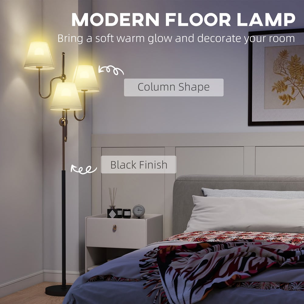 HOMCOM 3 Light Linen Shade Gold Metal Floor Lamp with Foot Switch Image 8
