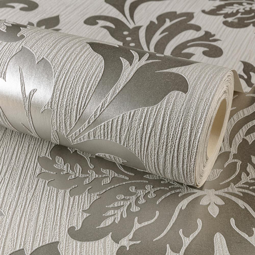 Grandeco Louisa Damask Metallic and Glitter Grey and Silver Textured Wallpaper Image 2