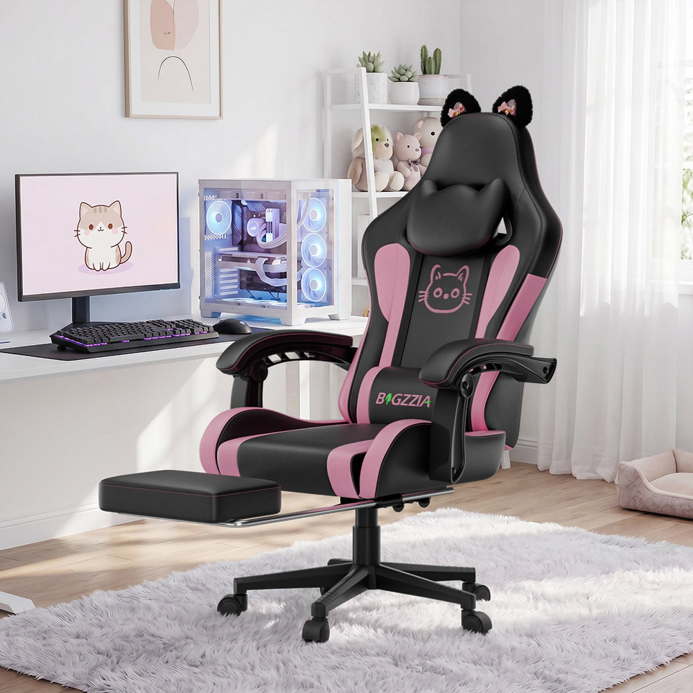 Rattrix Black Cat Ears Gaming Chair with Massage Lumbar Support and Footrest Image 3
