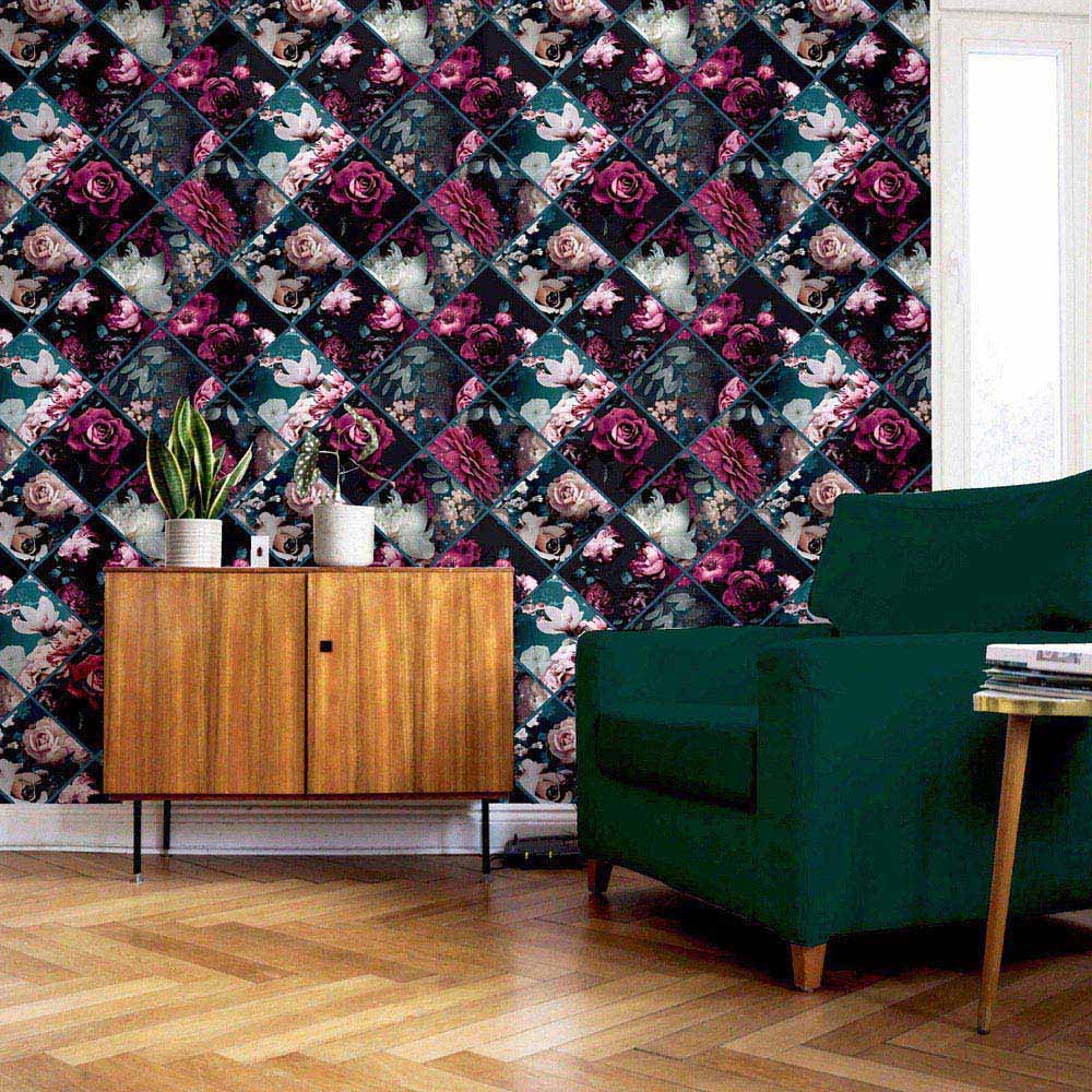 Arthouse Floral Collage Plum and Teal Wallpaper Image 7