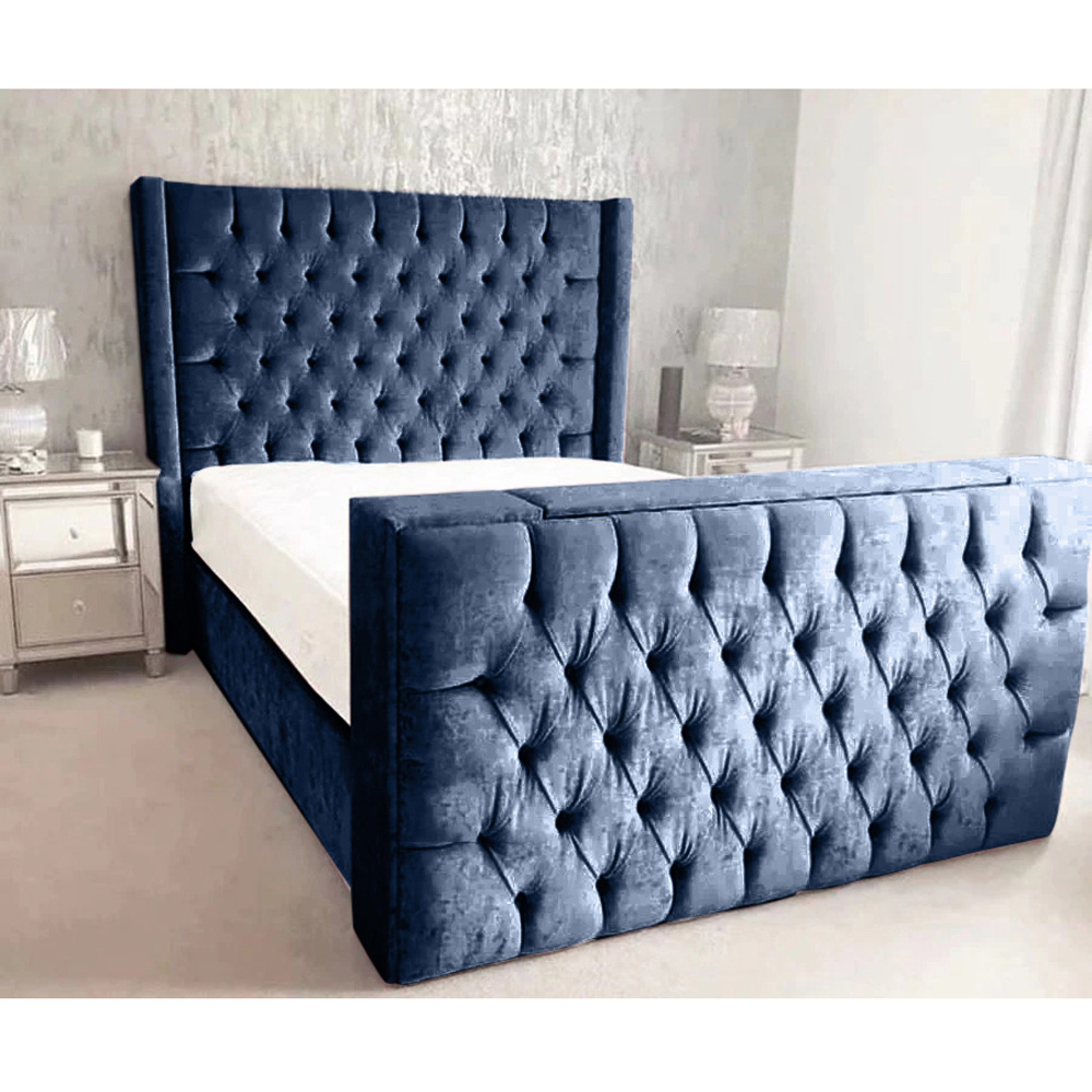 Eleganza Home Lokie Double Blue Plush TV Bed Frame with Headboard and Footboard Image 2