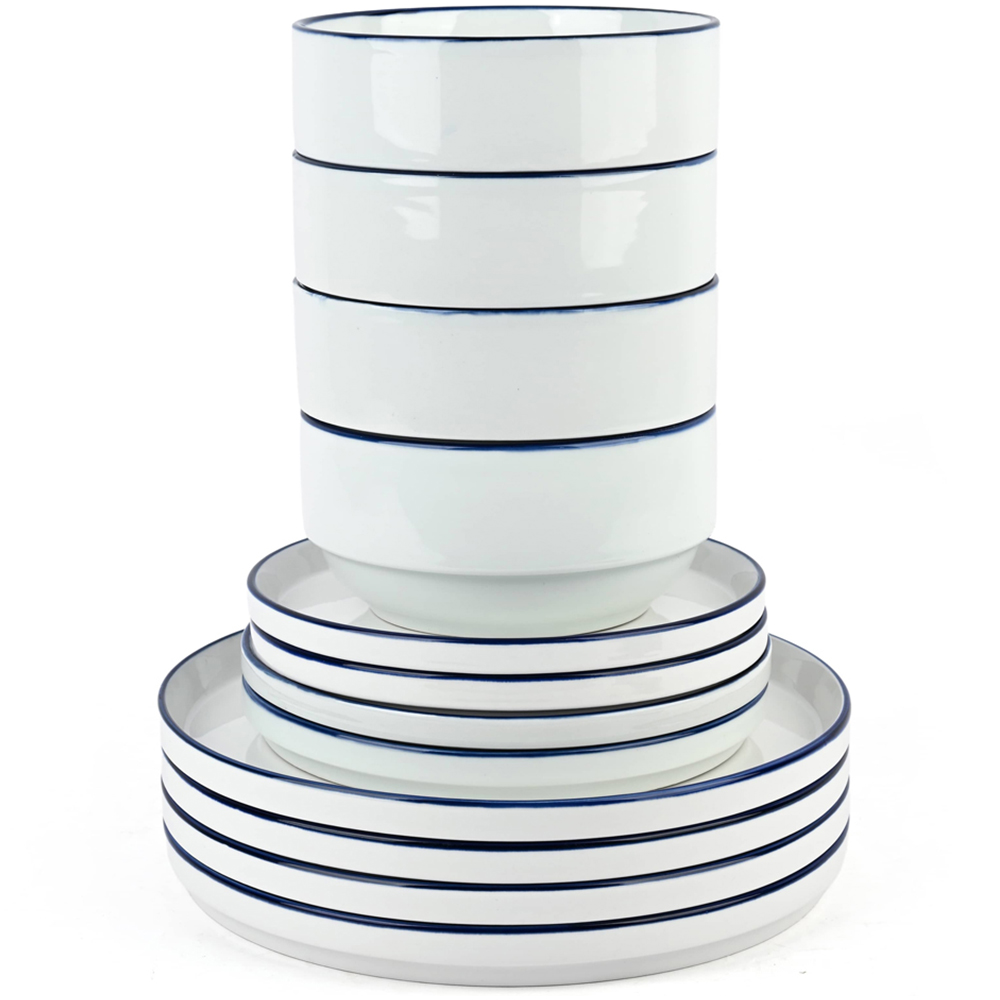 Waterside Blue Rim White Stackable 12 Piece Dinner Set Image 5