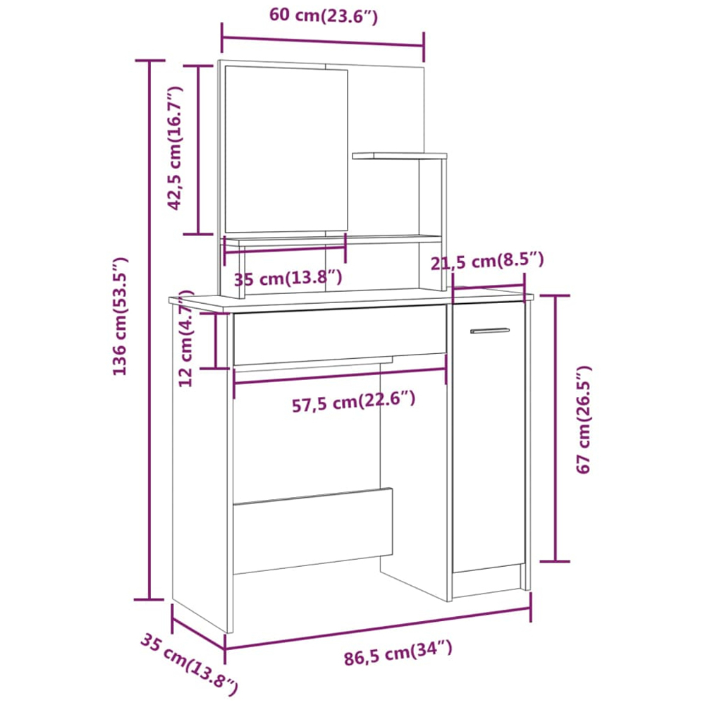 vidaXL Single Door Single Wide Drawer Smoked Oak Dressing Table with Mirror Image 9