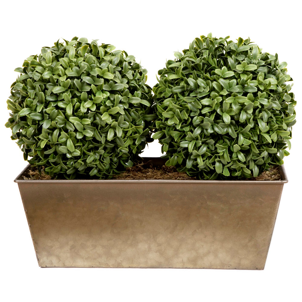 GreenBrokers Artificial Boxwood Double Bay Ball in Rustic Window Box 35cm Image 2