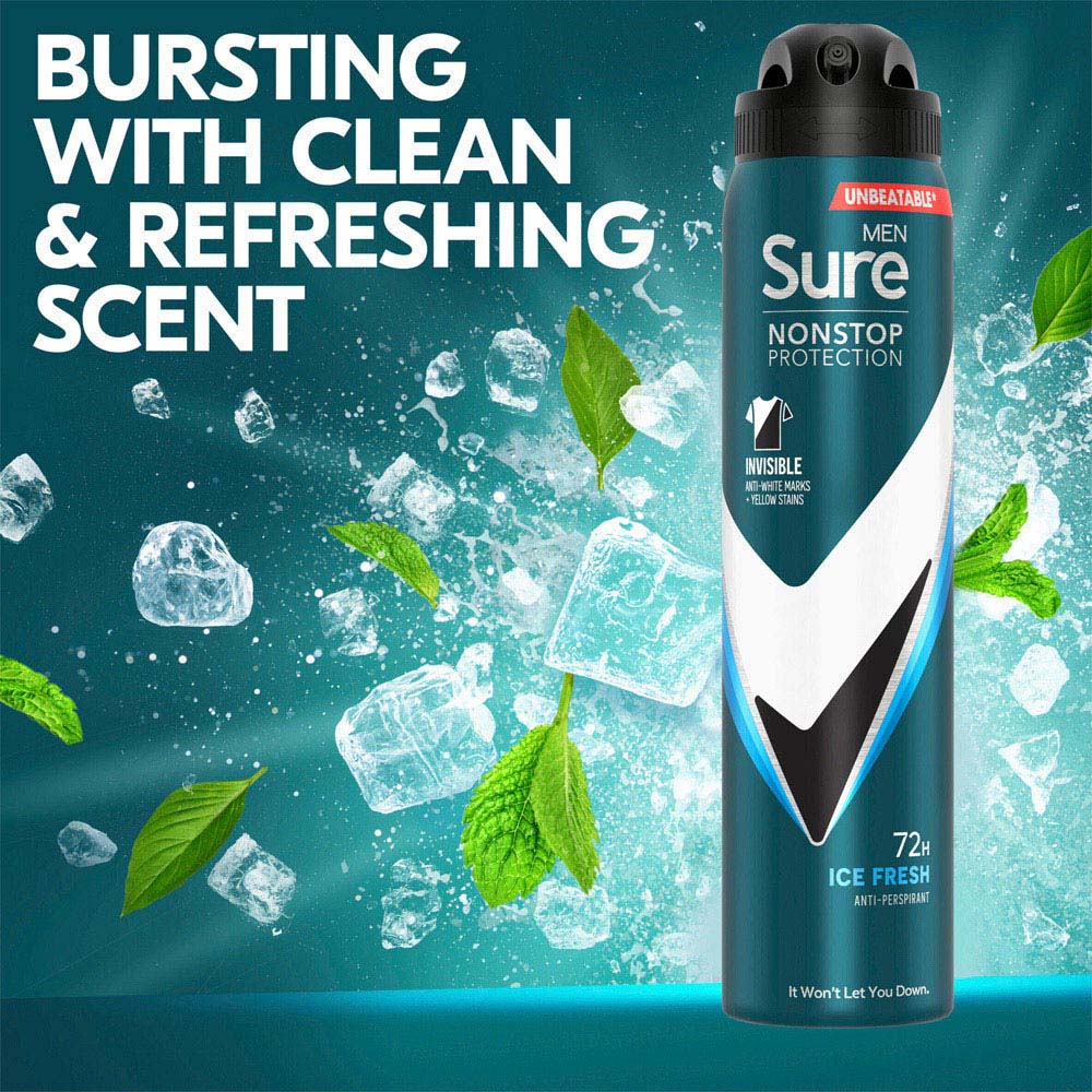 Sure Men Nonstop Protection Ice Fresh Invisible Antiperspirant Deodorant Aerosol 250ml Image 4