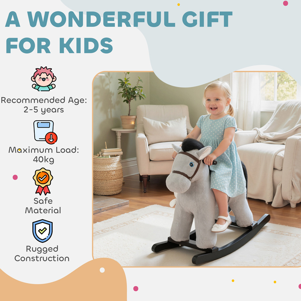 Tommy Toys AIYAPLAY Kids Grey Ride On Rocking Horse with Interactive Sounds and Rabbit Doll Image 3
