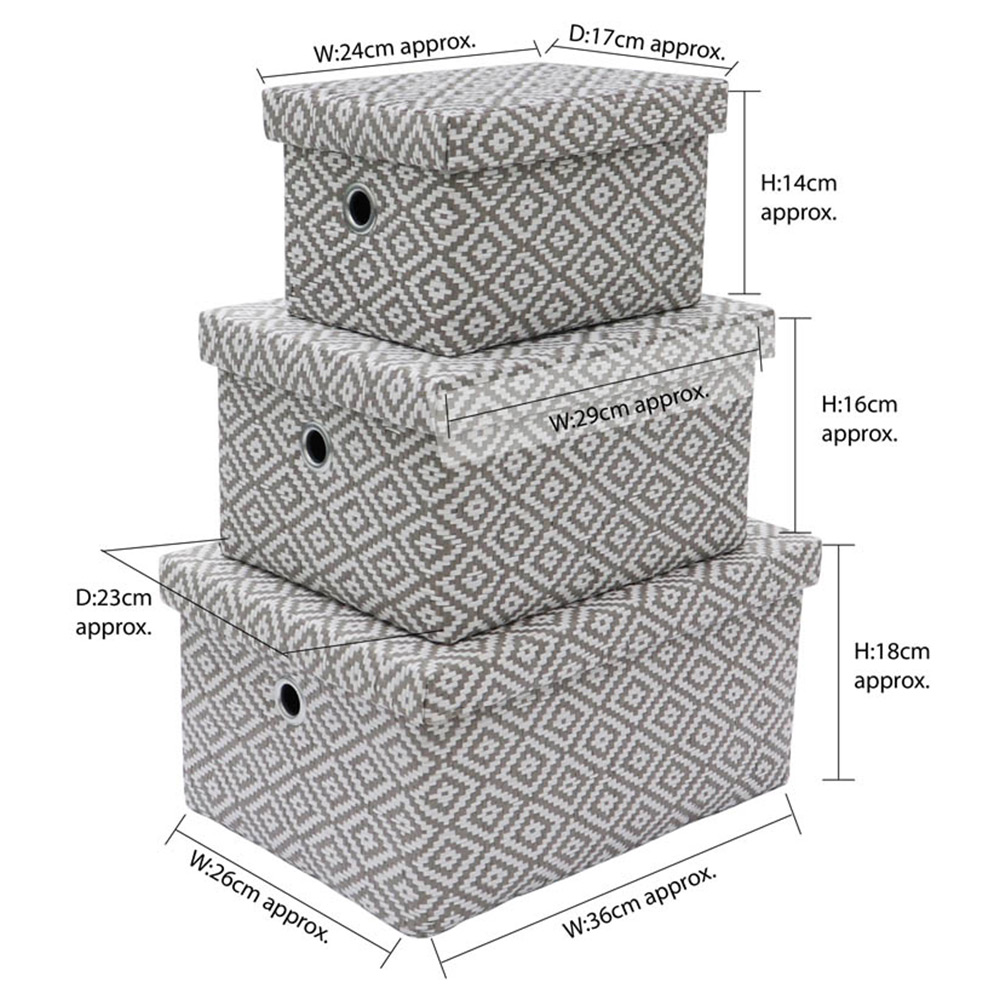 JVL Argyle Grey Rectangular Paper Storage Box with Lid 3 Piece Image 9