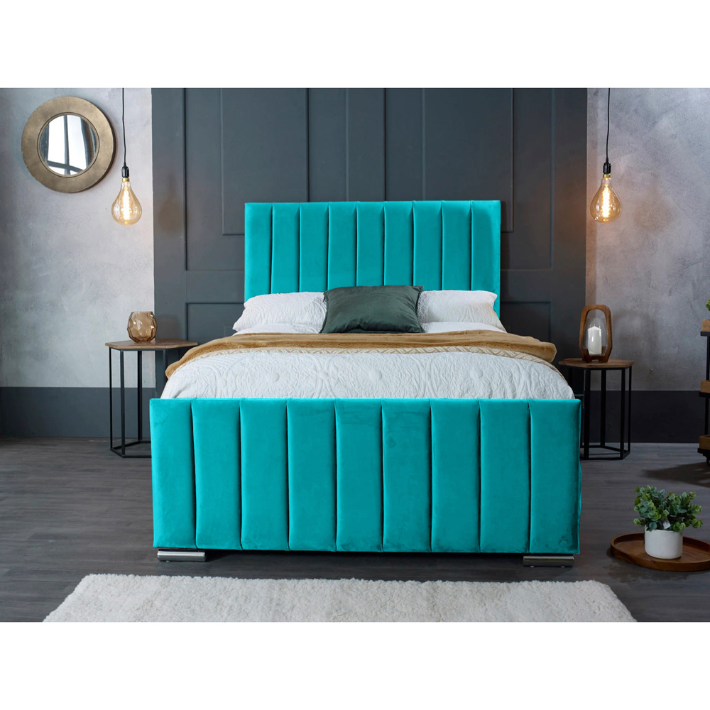 Eleganza Home Redding Double Teal Plush Velvet Bed Frame with Headboard Image 3