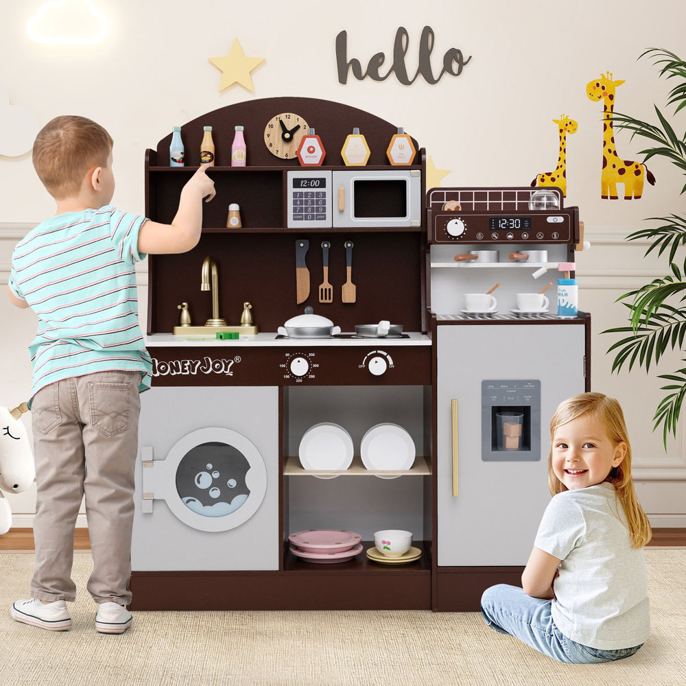 Costway Brown Kids Wooden Kitchen Play Set with Clock and Microwave Image 2