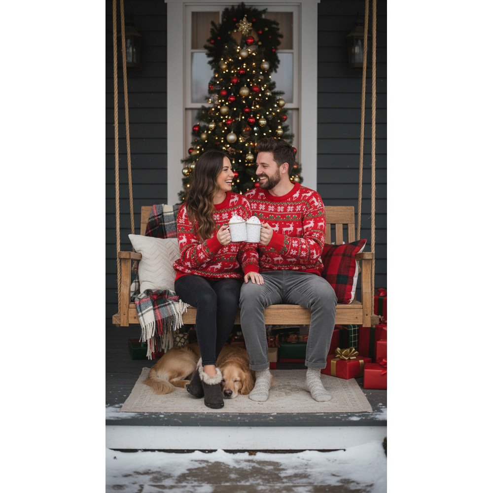 Noel Square Unisex Reindeer and Snowflake Xmas Jumper Medium Nordic Red Image 3