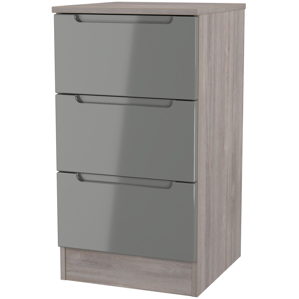 Crowndale Milan 3 Drawer Grey Gloss and Grey Oak Bedside Cabinet Ready Assembled Image 4