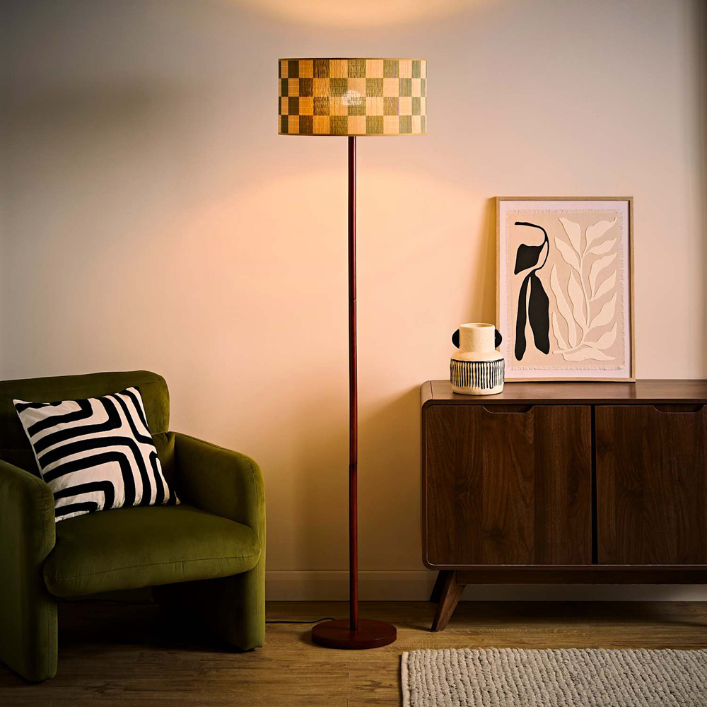 ValueLights Heather Green Check Bamboo Drum Shade Dark Wood Stem Floor Lamp with Bulb Image 2
