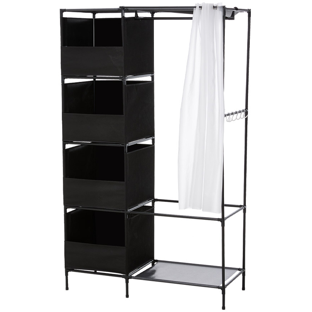 H&O Direct 4 Shelf Black Portable Metal Wardrobe with Hanging Rail and Curtain Image 1