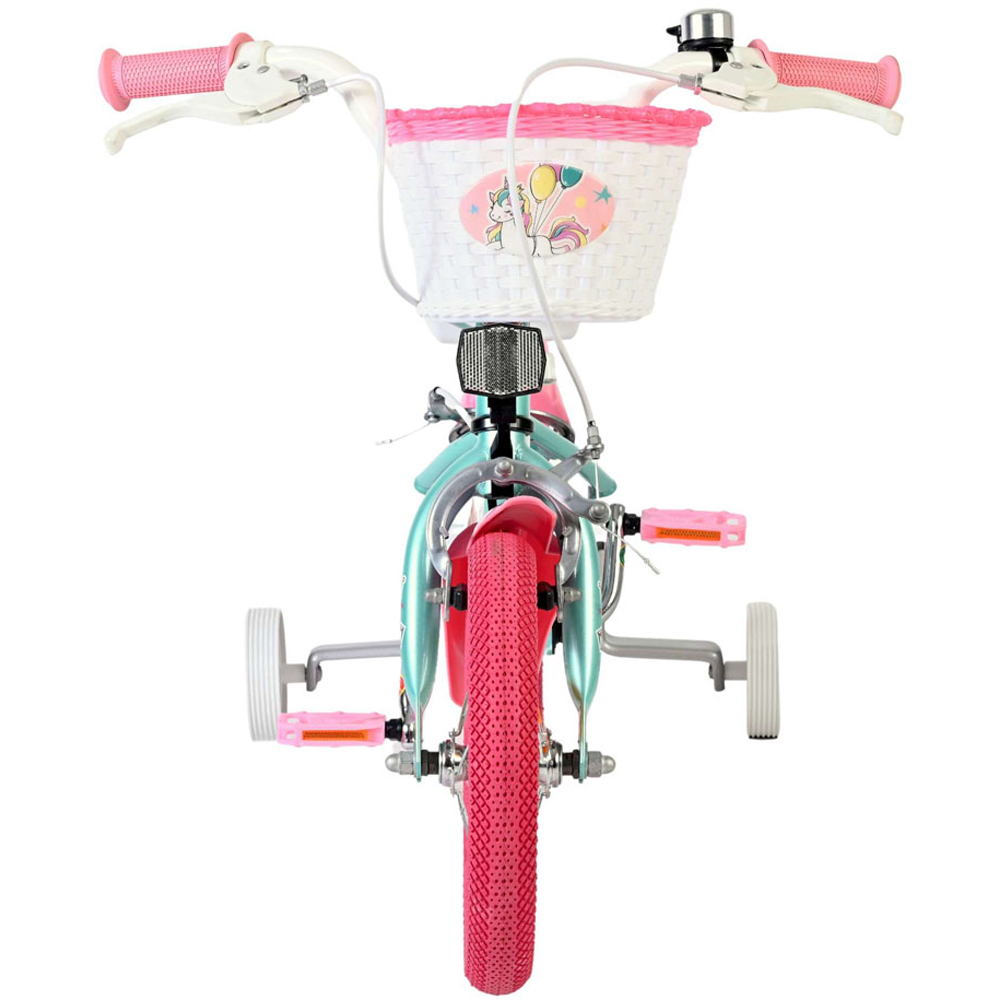 Volare Unicorn Kids 12 inch Green and Pink Bike with Stabilisers Doll Seat and Basket Image 3