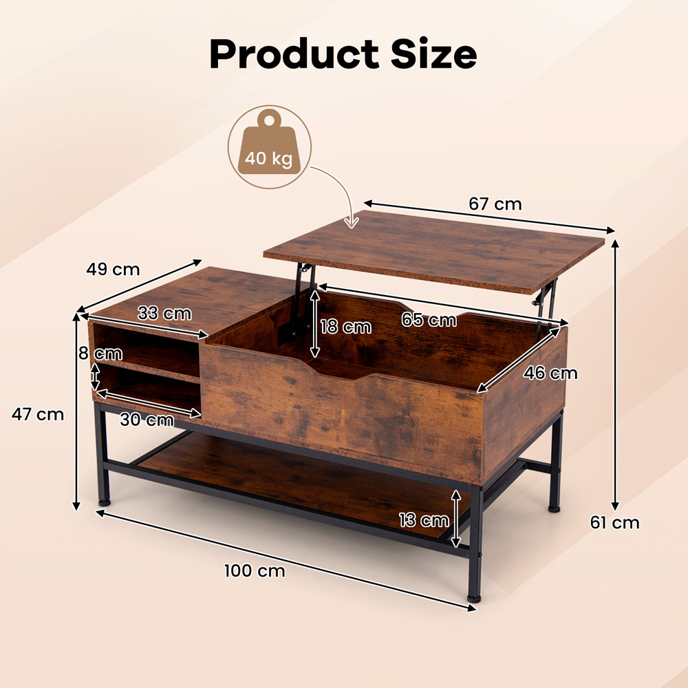 Costway 3 Shelf Rustic Brown Lift Up Top Coffee Table Image 9