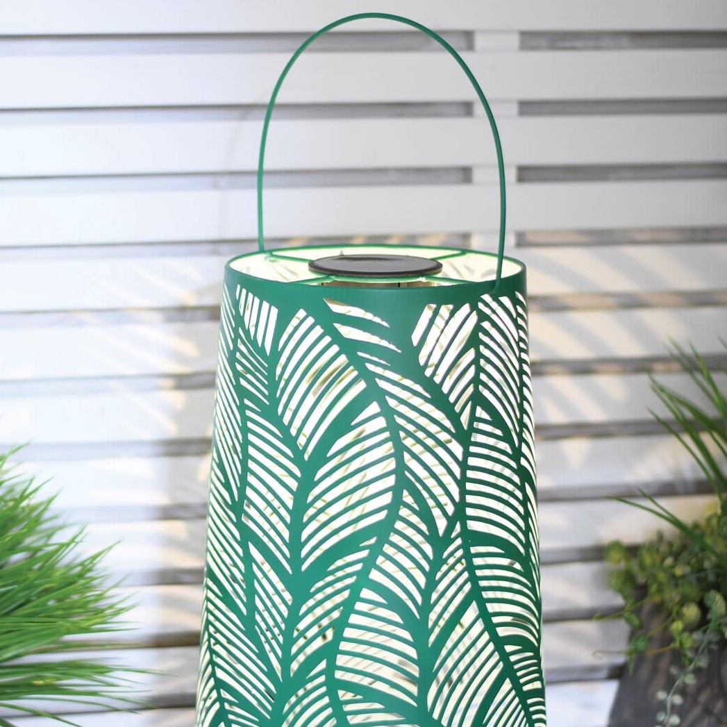 Solar Metal Lantern with Leaf Pattern - Green Image 1