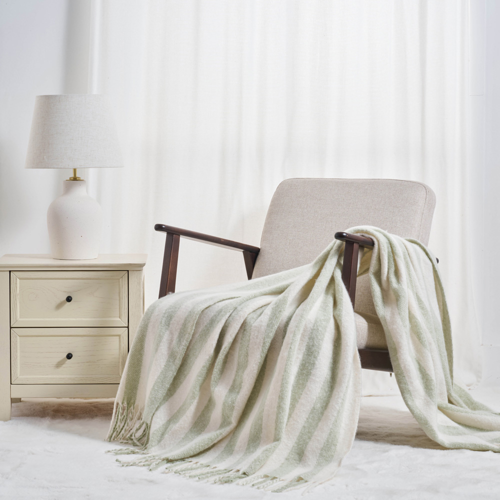 Allure Bath Fashions Green Faux Mohair Striped Herringbone Throw Blanket 130 x 170cm Image 2