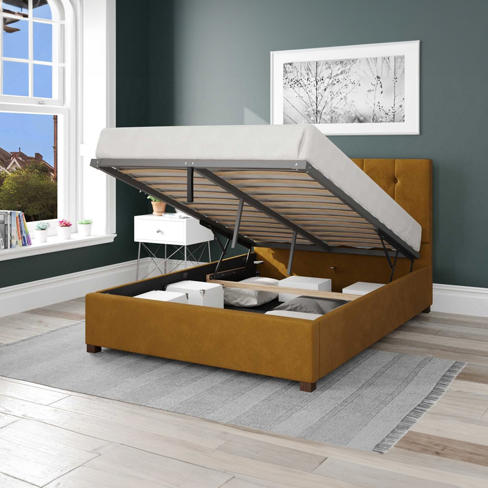 Aspire Hepburn Double Ochre Plush Velvet Ottoman Bed Image 2