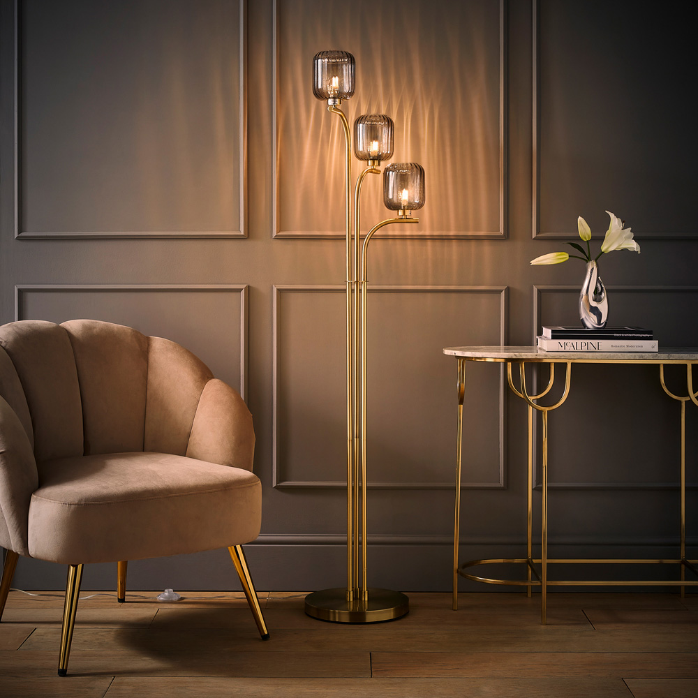 ValueLights Amelie 3 Way Ribbed Glass Gold Stem LED Floor Lamp Image 6