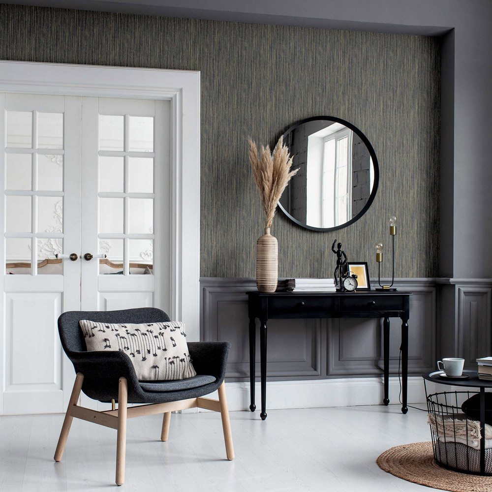 Arthouse Japandi Grasscloth Charcoal Grey and Gold Wallpaper Image 3