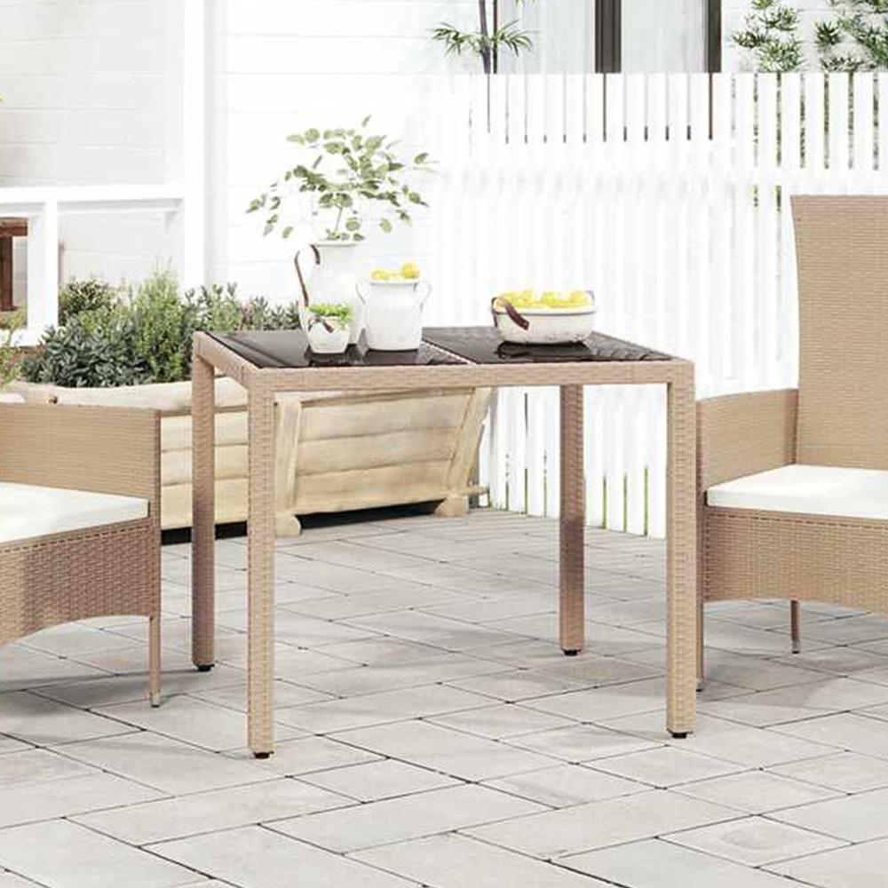 vidaXL 2 Seater Beige Polyrattan Tempered Glass Tabletop Garden Table Image 1