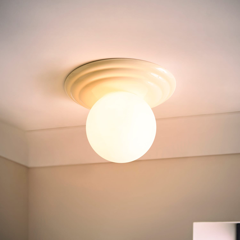 ValueLights Rue Frosted Glass Shade Cream Ribbed Ceramic Base Flush Ceiling Light with Bulb Image 2