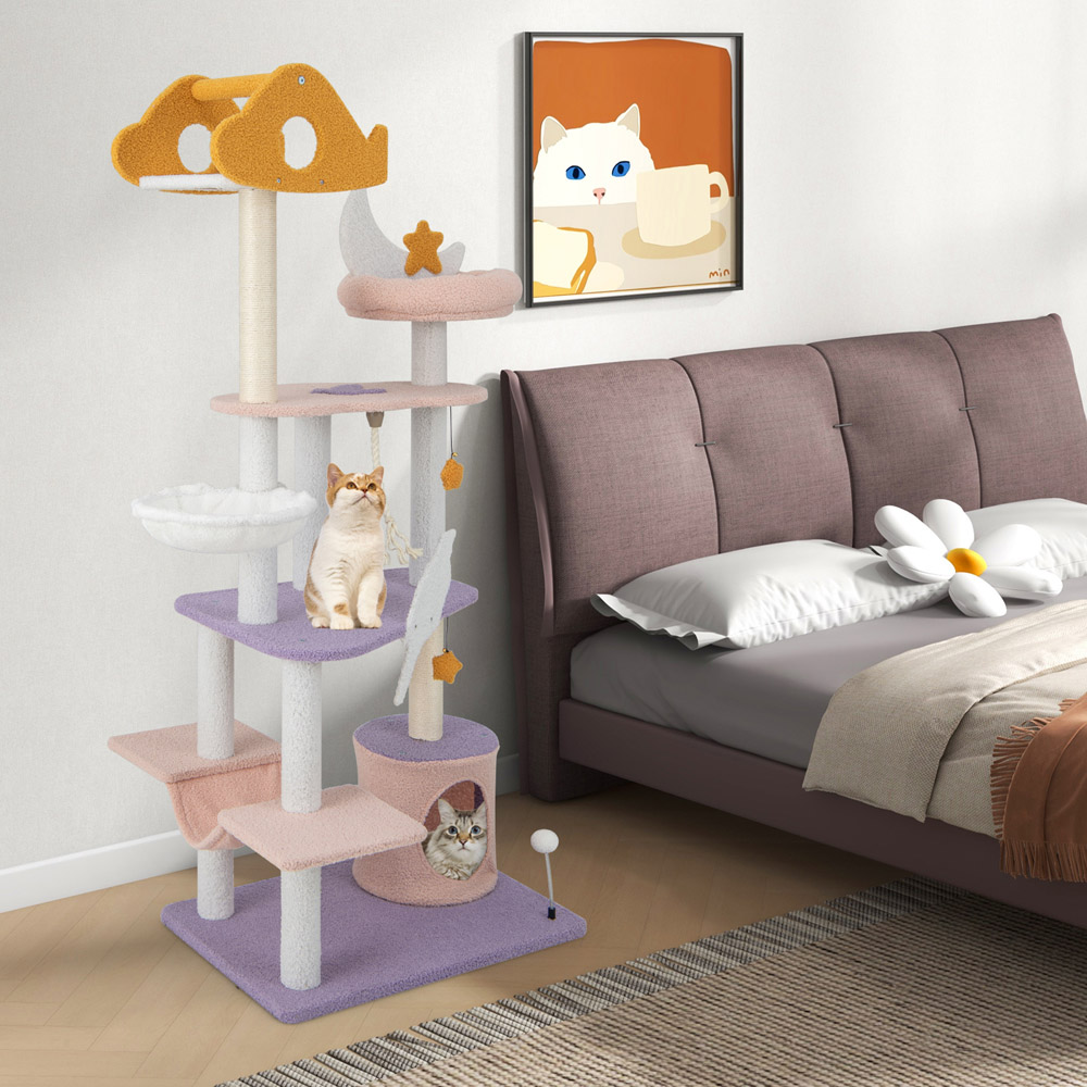 Costway Purple Multi Level Cat Tower with Sisal Covered Scratching Posts 167cm Image 3