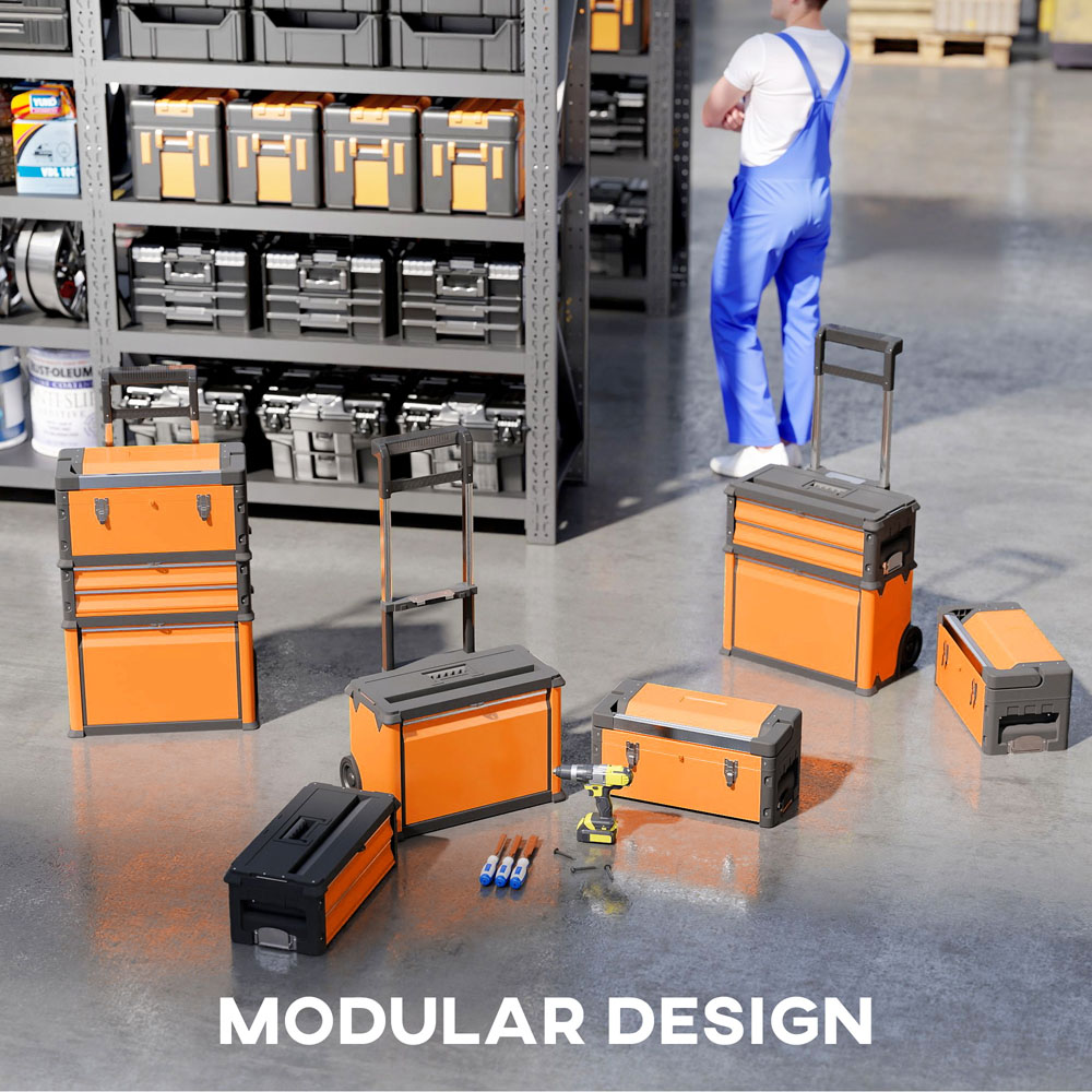 HOMCOM 3 Tier Orange Stackable Steel Tool Box with Wheels Image 5