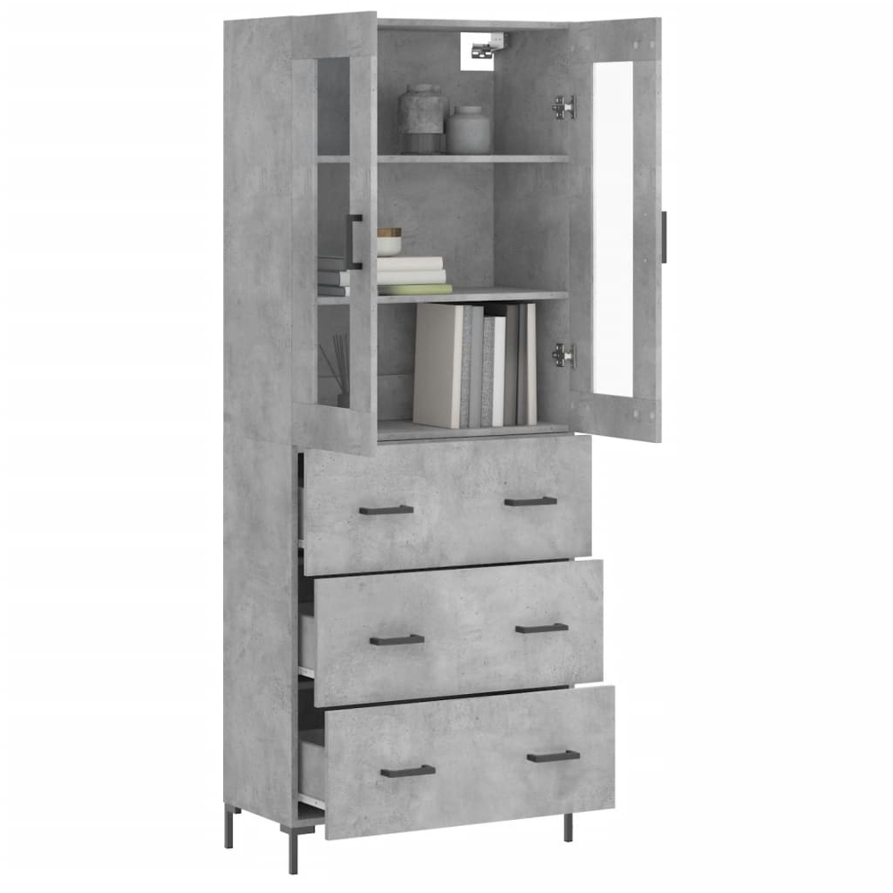 vidaXL 2 Glass Door 3 Drawer Concrete Grey Highboard with Black Handle Image 3