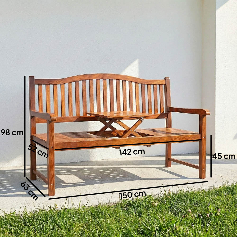 Outsunny 2 Seater Light Brown Wood Garden Loveseat Bench with Liftable Table and Cover Image 9