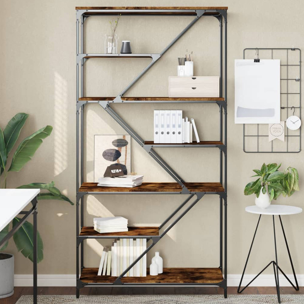 vidaXL 6 Shelf Smoked Oak Wood and Steel Geometric Bookcase Image 1