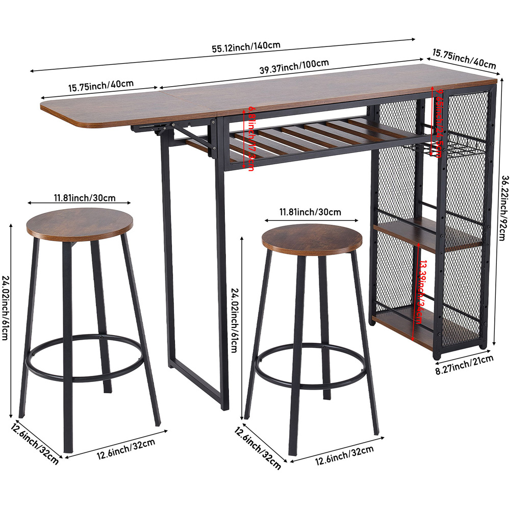 Living and Home 2 Seater Bar Table Set Vintage Brown and Black Image 9