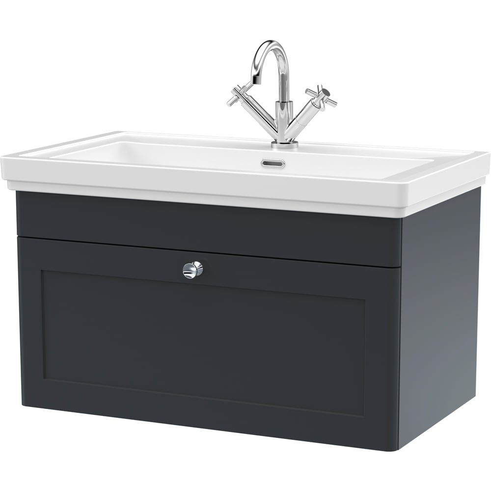 nuie Classique 1 Drawer Soft Black Wall Hung Vanity Unit and 1 Tap Hole Fireclay Basin 800mm Image 1