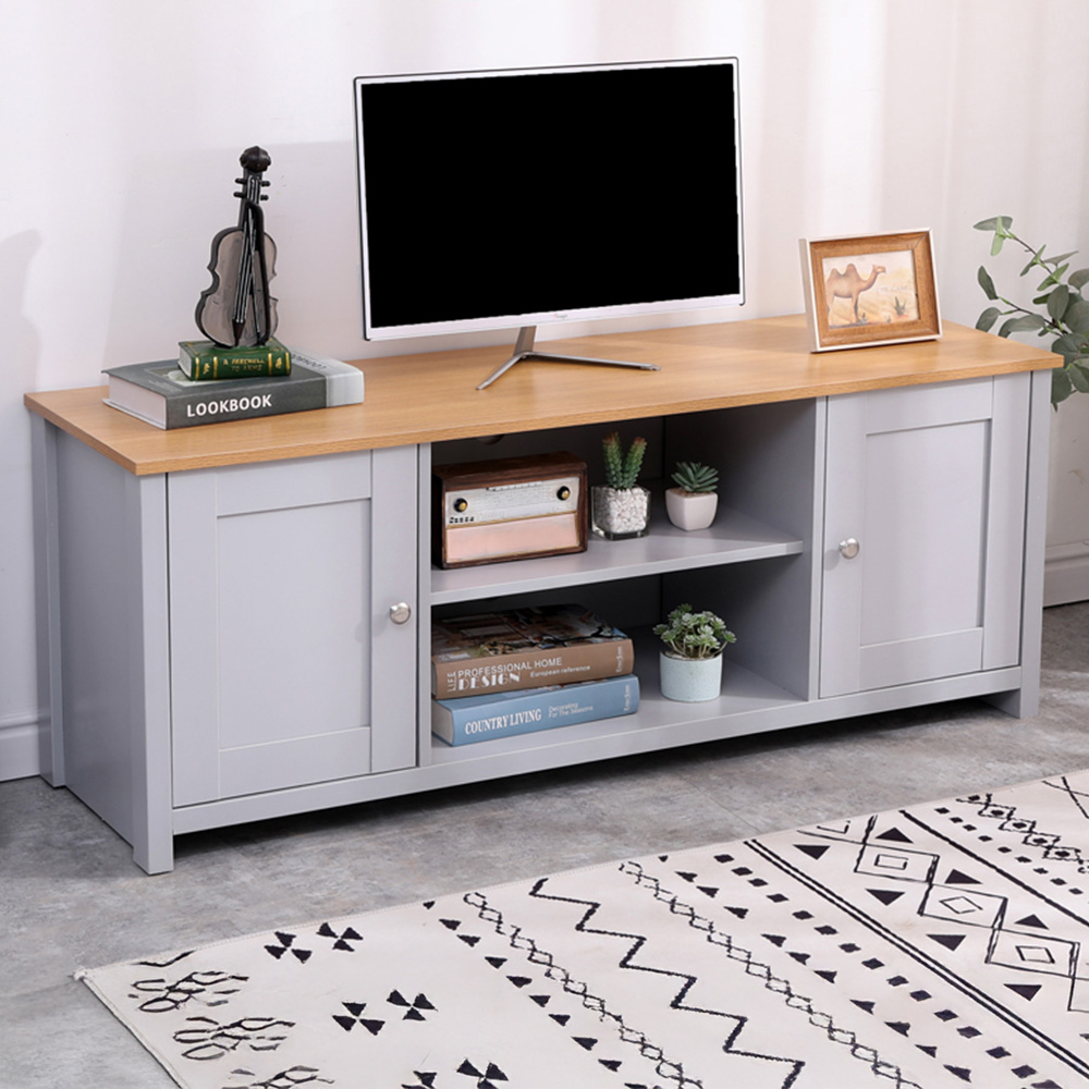 FurnitureHMD 2 Door 2 Shelf Grey and Oak Effect Wooden TV Unit Image 1