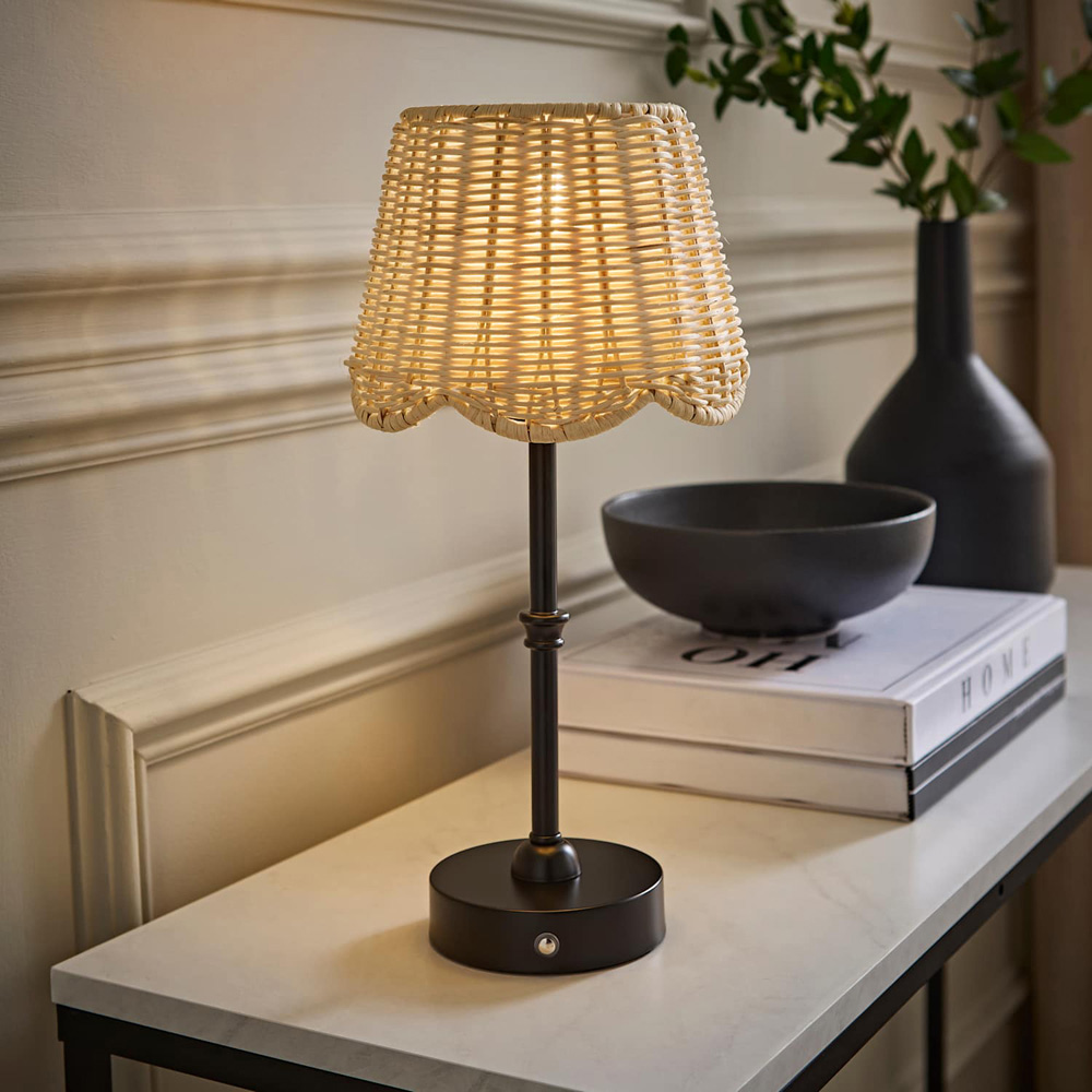 ValueLights Lowe Natural Rattan Taper Shade Matte Black Rechargeable Table Lamp with Bulb Image 6
