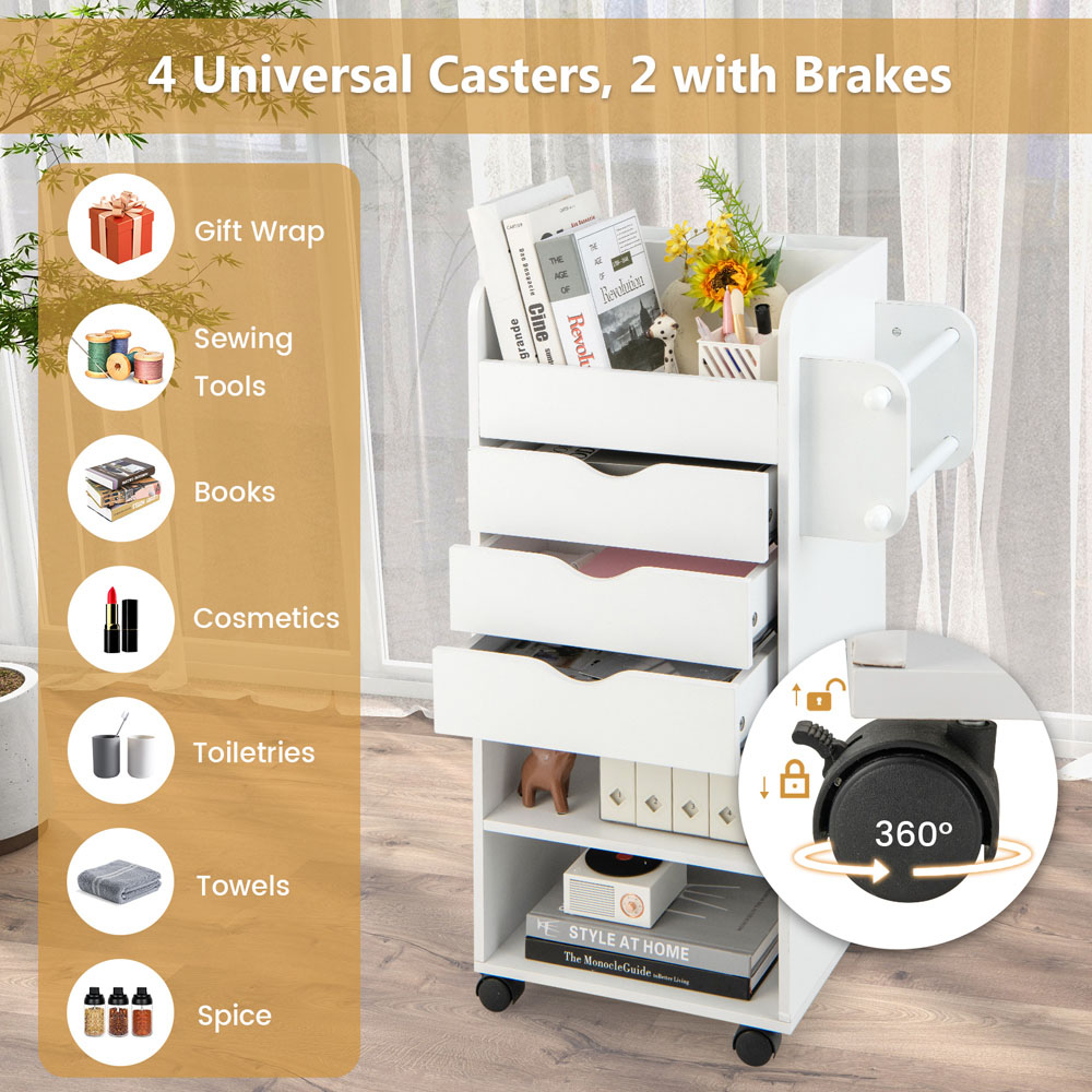 Costway 3 Drawer 2 Shelf White Mobile Rolling Storage Cart with Dowel Rods Image 7