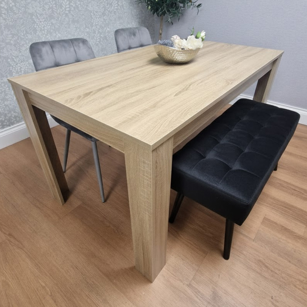 Portland 3 Seater Velvet Wooden Dining Set with Bench Oak Effect Grey and Black Image 1
