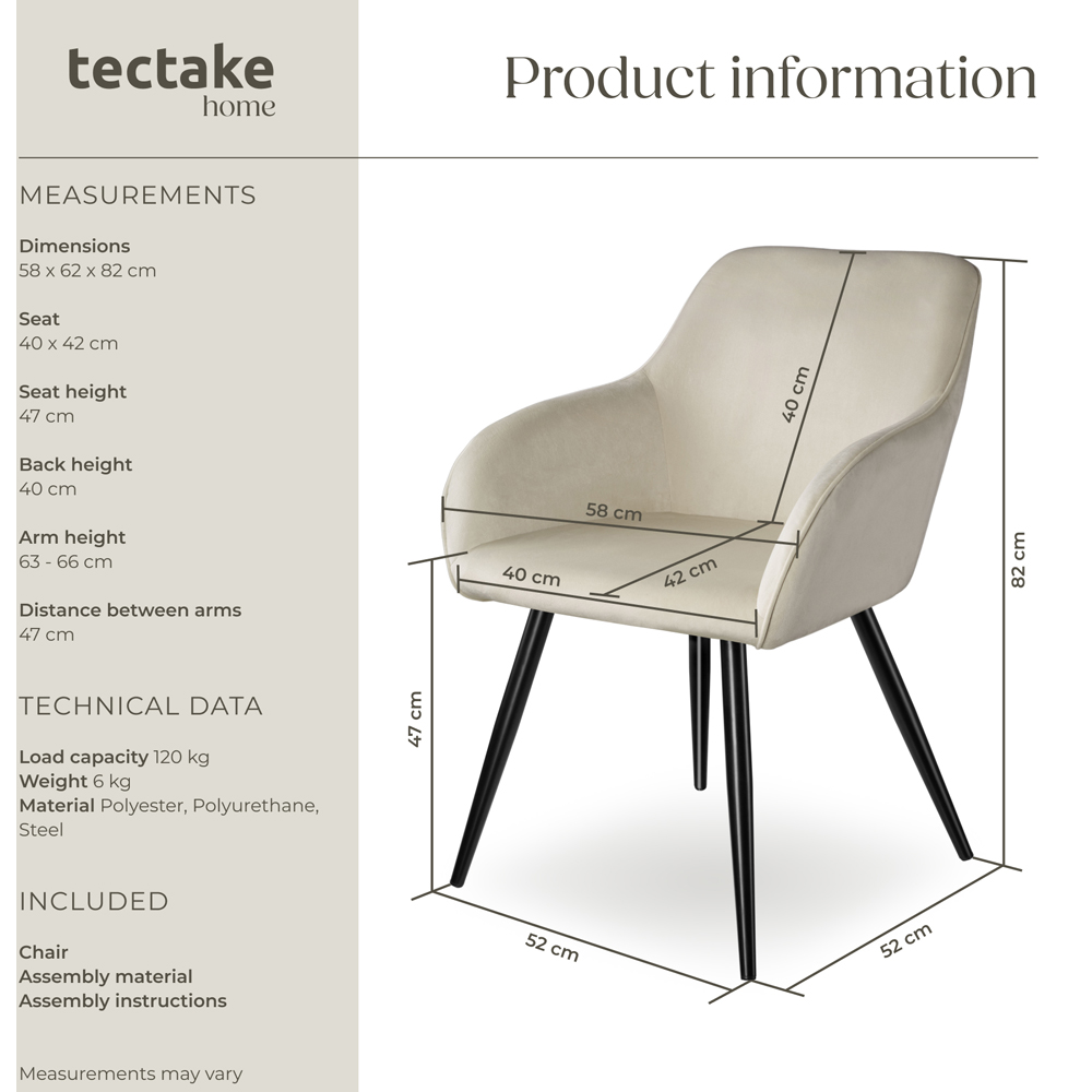 tectake Marilyn Cream and Black Velvet Look Padded Dining Chair Image 9