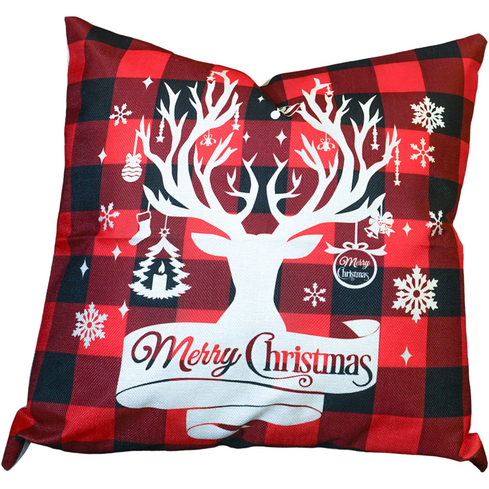 Xmas Haus Christmas-Themed Red Check Stag Head Cushion 45 x 45cm Image 1