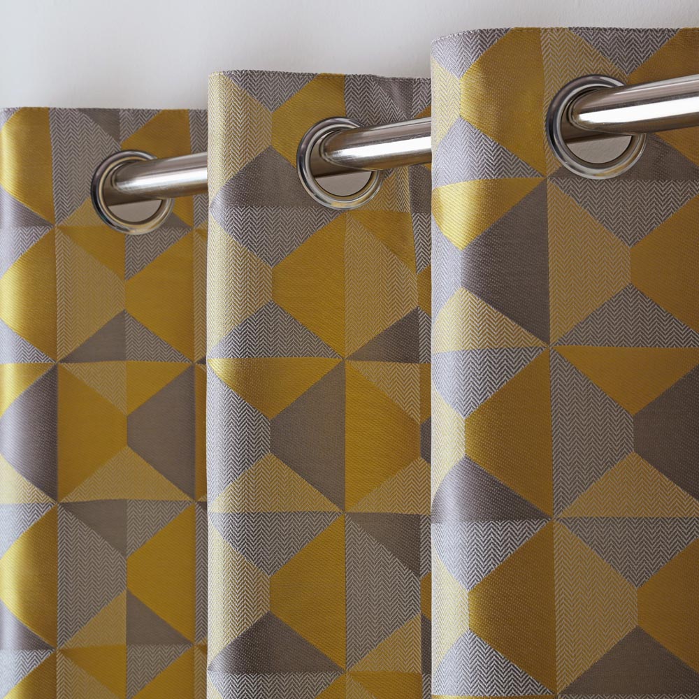 Alan Symonds Scandi Ochre Grey Silver Jacquard Lined Ring Top Eyelet Curtains 167 x 183cm Image 2